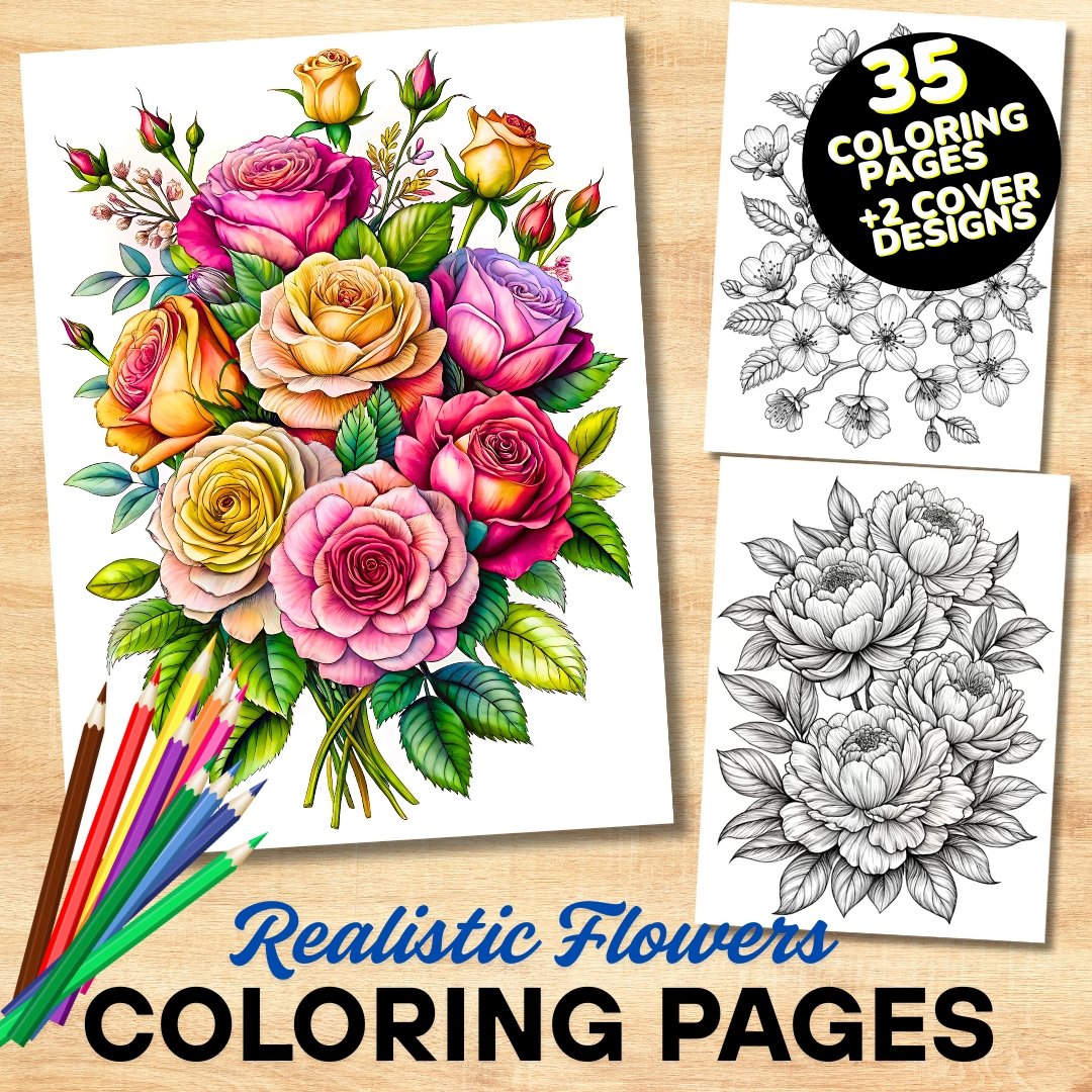 35 Realistic Flowers Collection Coloring Book, Printable PDF, Flower Bundle Coloring Pages, Grayscale Coloring Book for Adults and Kids