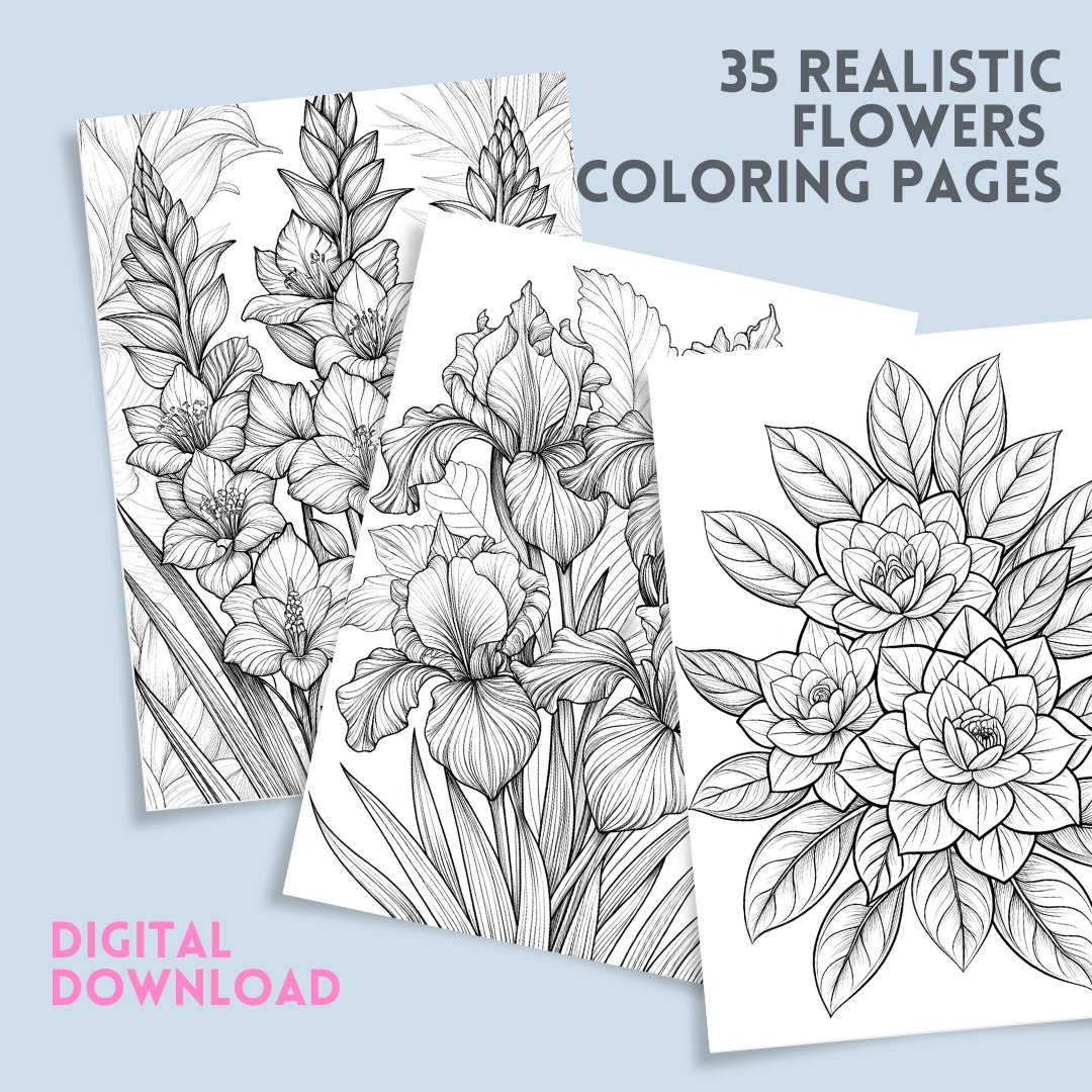 35 Realistic Flowers Collection Coloring Book, Printable PDF, Flower Bundle Coloring Pages, Grayscale Coloring Book for Adults and Kids