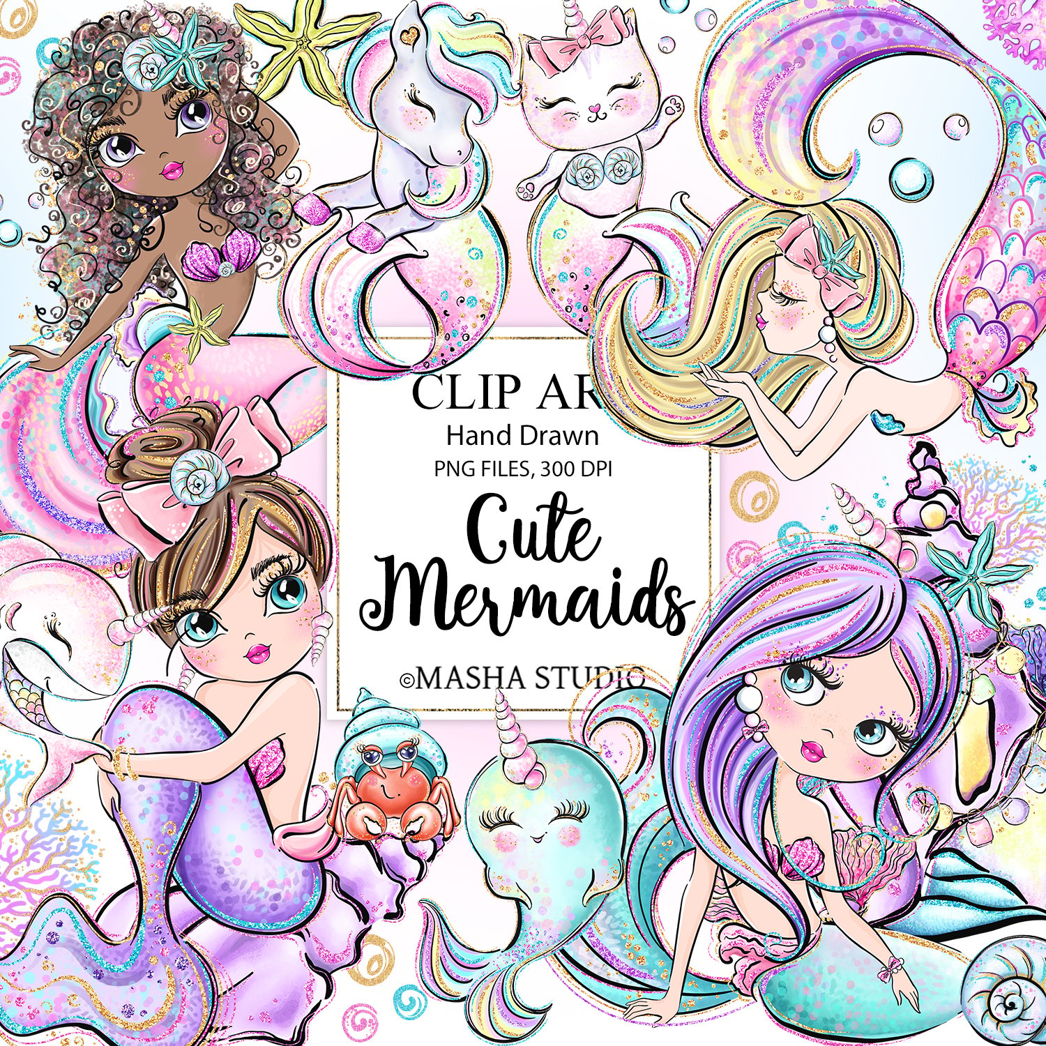 Cute Mermaids Hand Drawn Clip Art - Payhip
