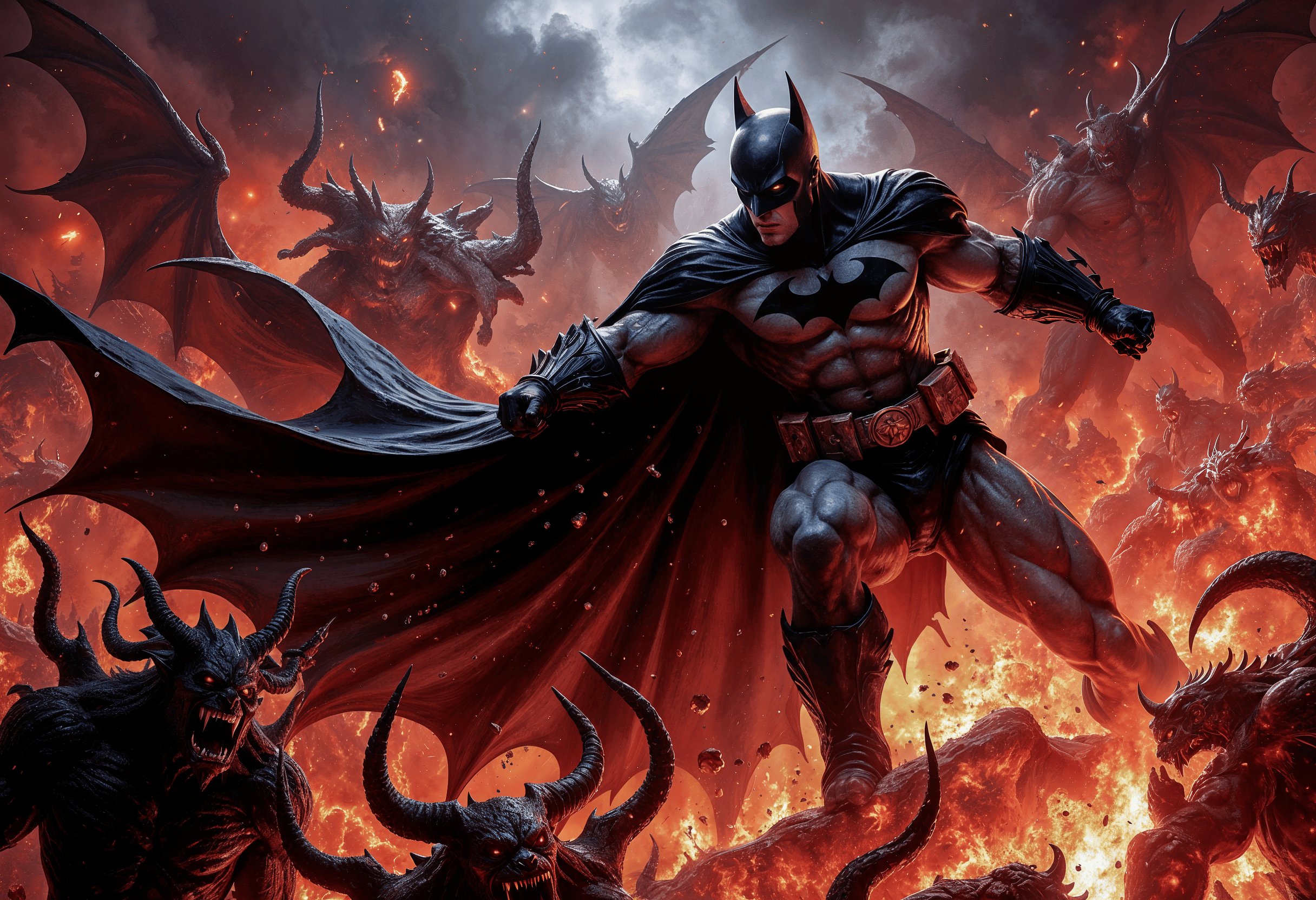 Batman fighting off against the forces of hell