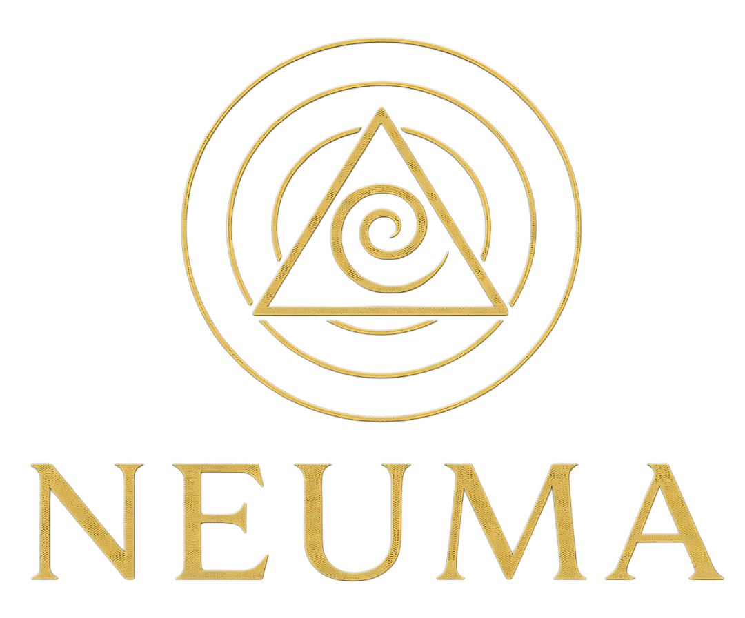 Neuma logo featuring a golden geometric spiral within a triangle and concentric rings, representing energy alignment and spiritual growth.