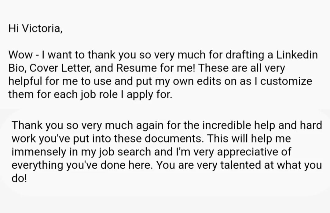 Email sharing appreciation for resume re-write