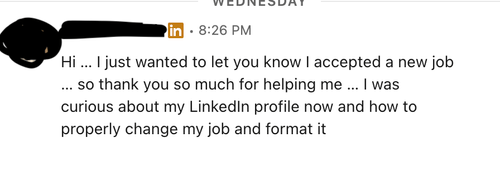 Image of message stating individual received a job offer