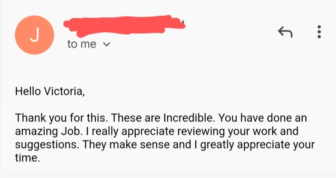 Image thanking Victoria for work on resume