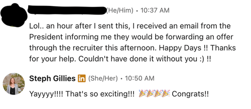 Image appreciating Steph for assisting with receiving a job offer