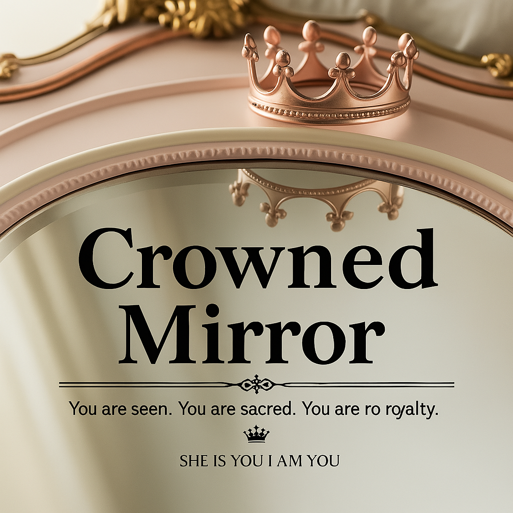 Crowned Mirror logo with a rose gold crown on a pink vintage mirror reflecting royalty and identity. Empowering women through faith, healing, and purpose
