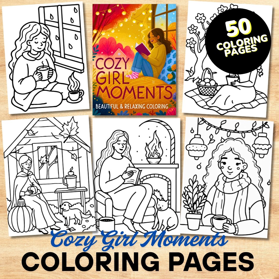 Bold and Easy Coloring Book, Cozy Girl Moments Coloring Book – 50 Printable Pages Adults Relaxing Activity for Adults and Kids,Stress Relief