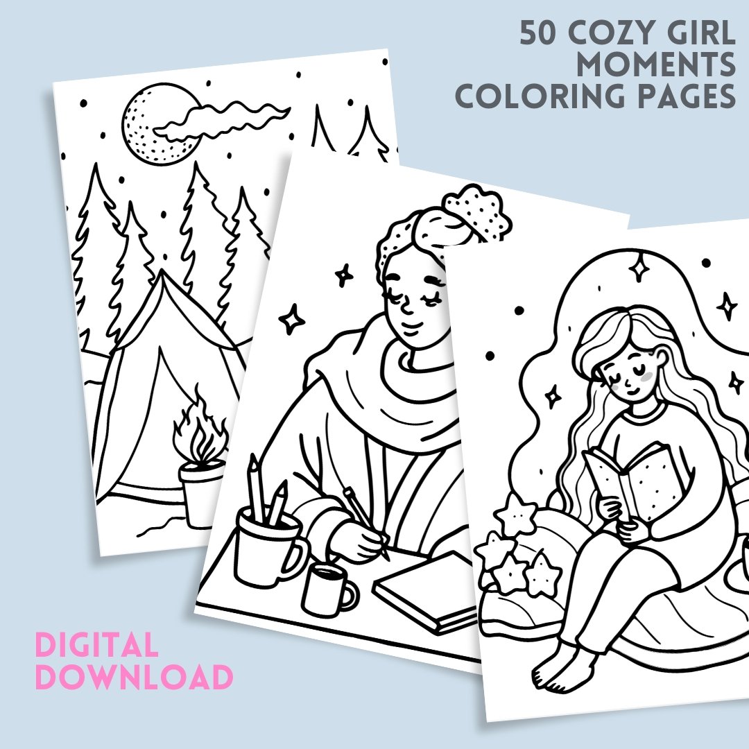 Bold and Easy Coloring Book, Cozy Girl Moments Coloring Book – 50 Printable Pages Adults Relaxing Activity for Adults and Kids,Stress Relief