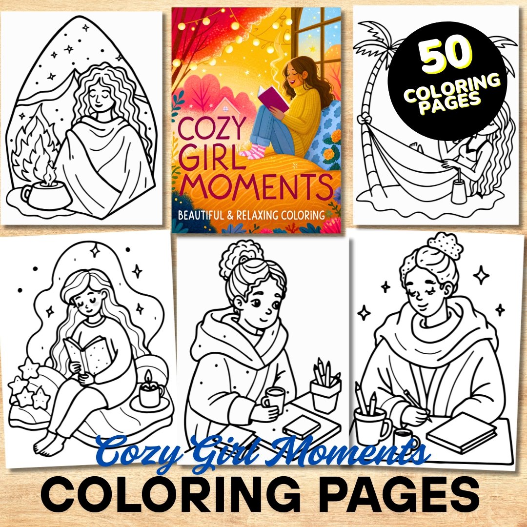 Bold and Easy Coloring Book, Cozy Girl Moments Coloring Book – 50 Printable Pages Adults Relaxing Activity for Adults and Kids,Stress Relief