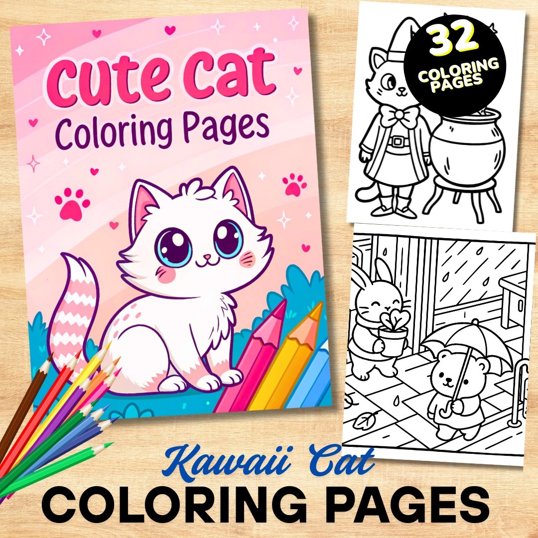 Bold and Easy Coloring Book| Kawaii Cat Coloring Pages| Cute Kitten Coloring, Relaxing Activity for Adults and Kids, Stress Relief