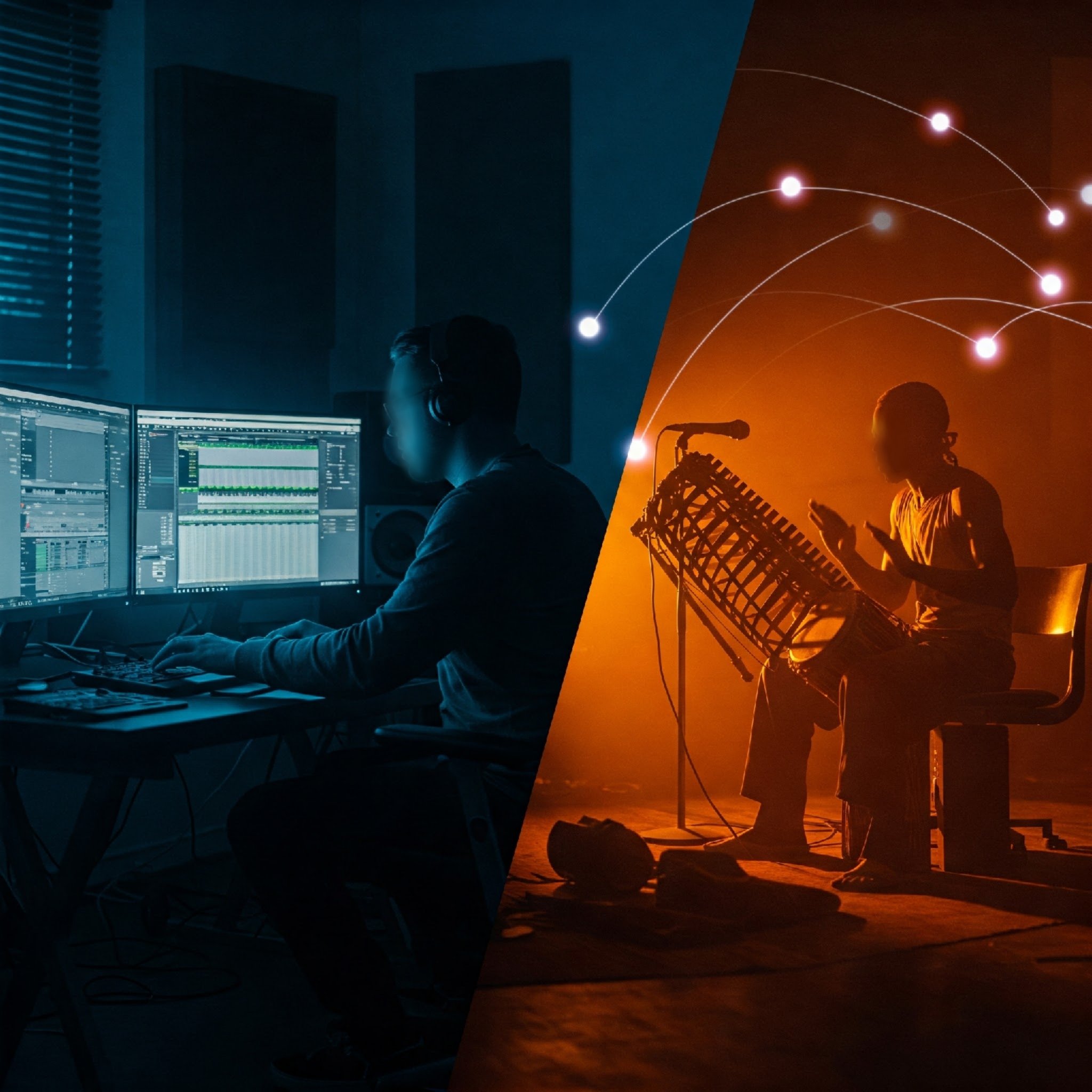 Imagen que muestra a un productor musical o ingeniero de audio, trabajando a distancia con un músico ejecutando y grabando instrumento raro, autóctono de alguna región del mundo.