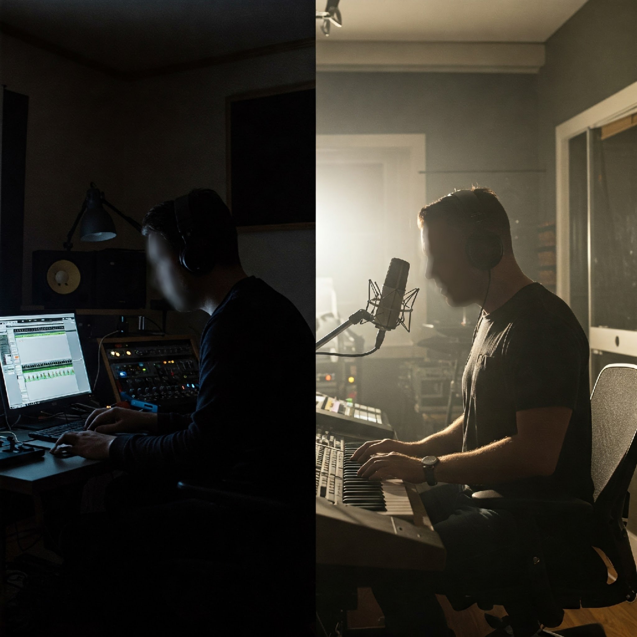 Imagen que muestra a un productor musical o ingeniero de audio, trabajando a distancia con un músico ejecutando y grabando instrumento raro, autóctono de alguna región del mundo.