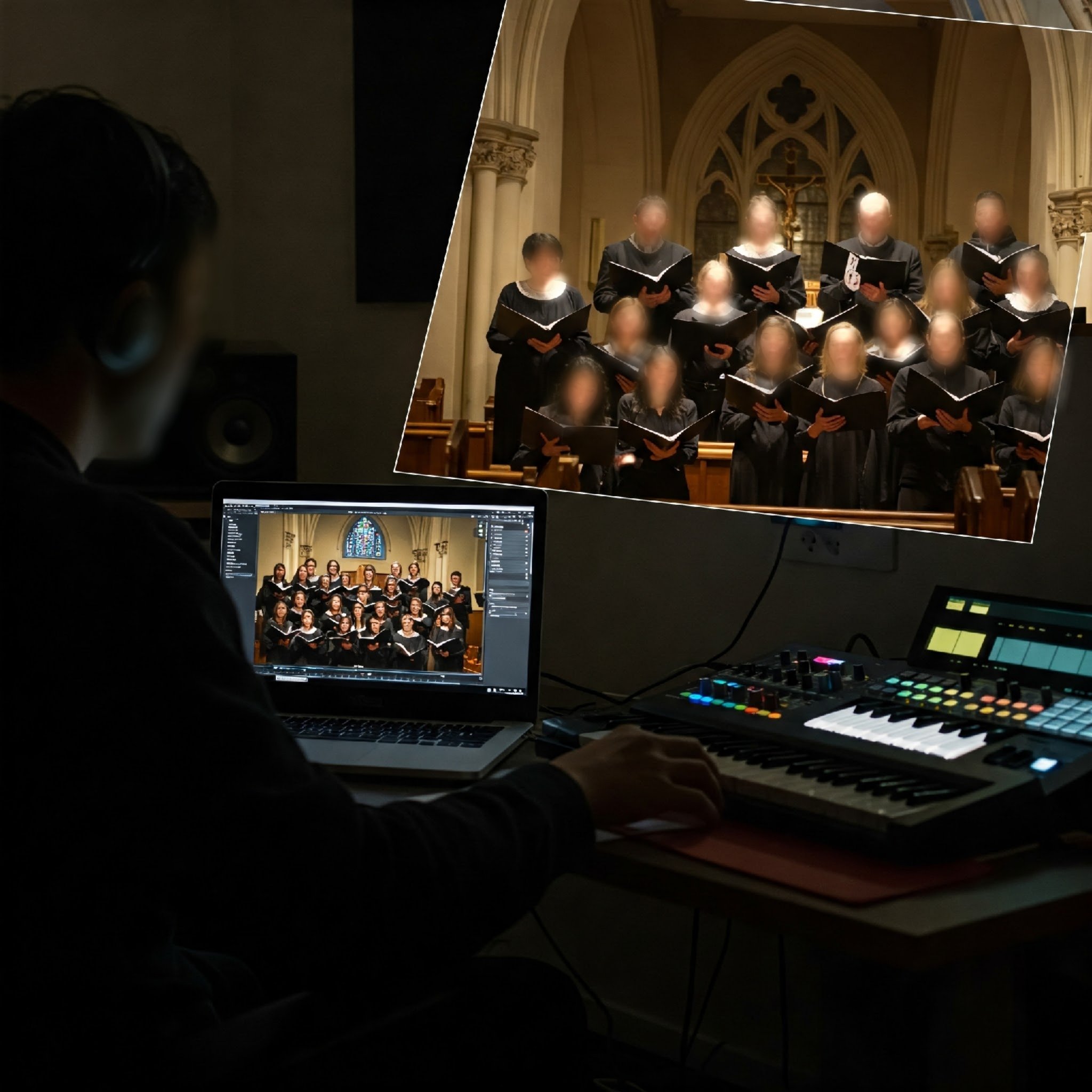 Imagen que muestra a un productor musical o ingeniero de audio, trabajando a distancia con un músico ejecutando y grabando instrumento raro, autóctono de alguna región del mundo.