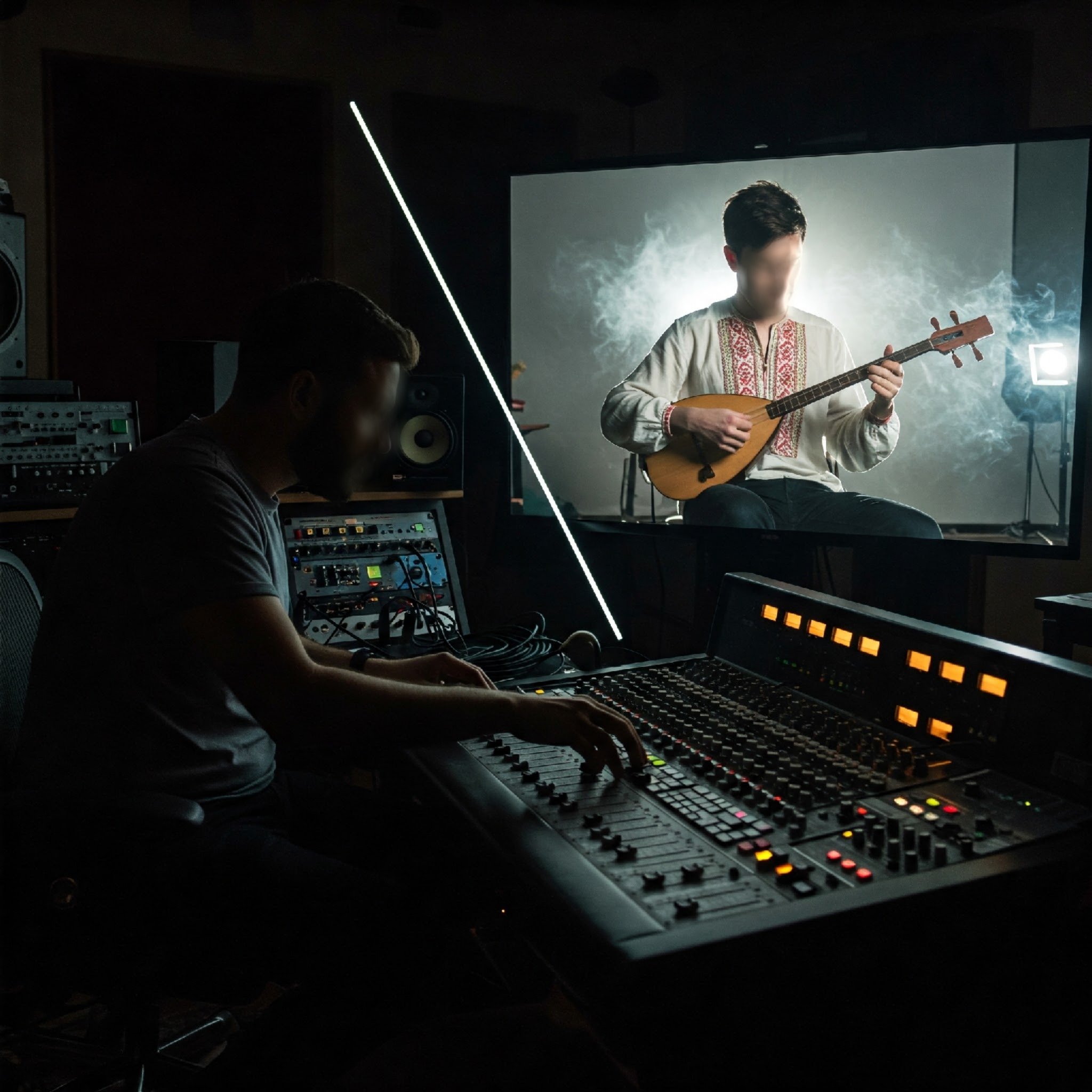 Imagen que muestra a un productor musical o ingeniero de audio, trabajando a distancia con un músico ejecutando y grabando instrumento raro, autóctono de alguna región del mundo.