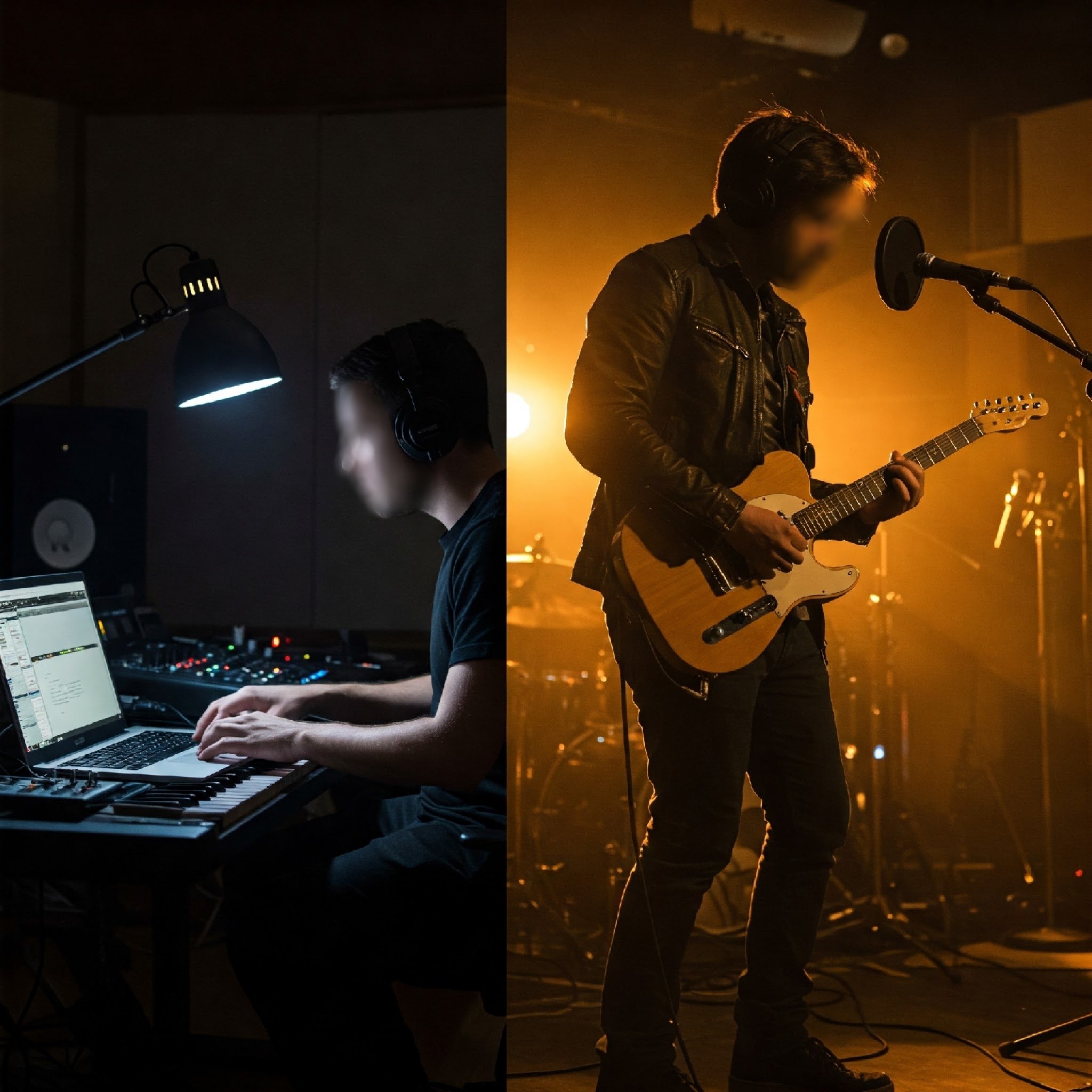 Imagen que muestra a un productor musical o ingeniero de audio, trabajando a distancia con un músico ejecutando y grabando instrumento raro, autóctono de alguna región del mundo.