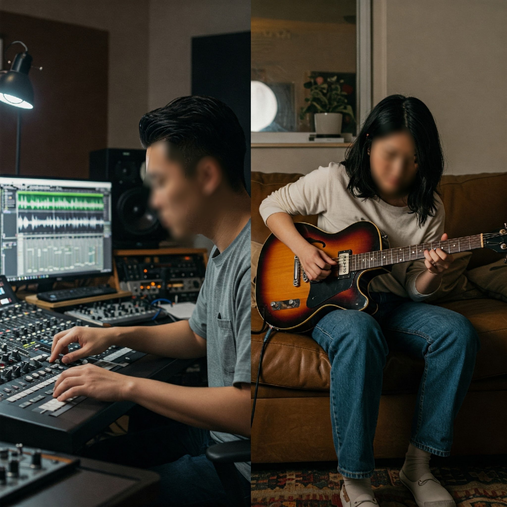 Imagen que muestra a un productor musical o ingeniero de audio, trabajando a distancia con un músico ejecutando y grabando instrumento raro, autóctono de alguna región del mundo.