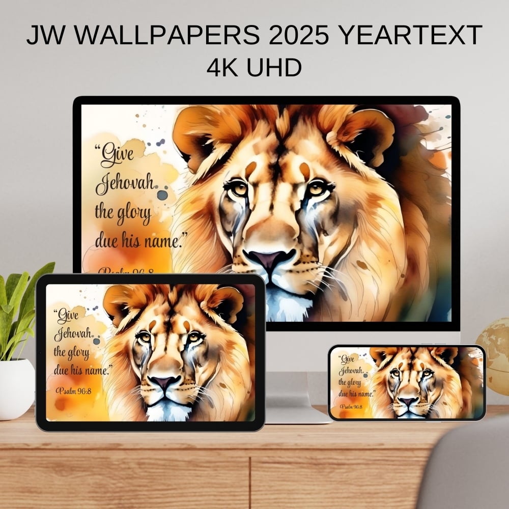 JW wallpapers with Yeartext 2025 - Psalm 96:8 Wild animals in watercolor - 4K images