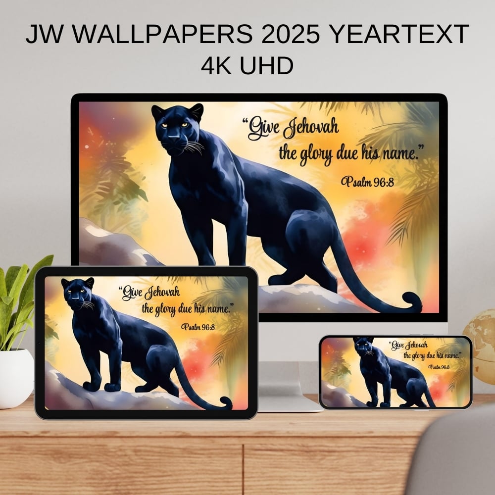 JW wallpapers with Yeartext 2025 - Psalm 96:8 Wild animals in watercolor - 4K images