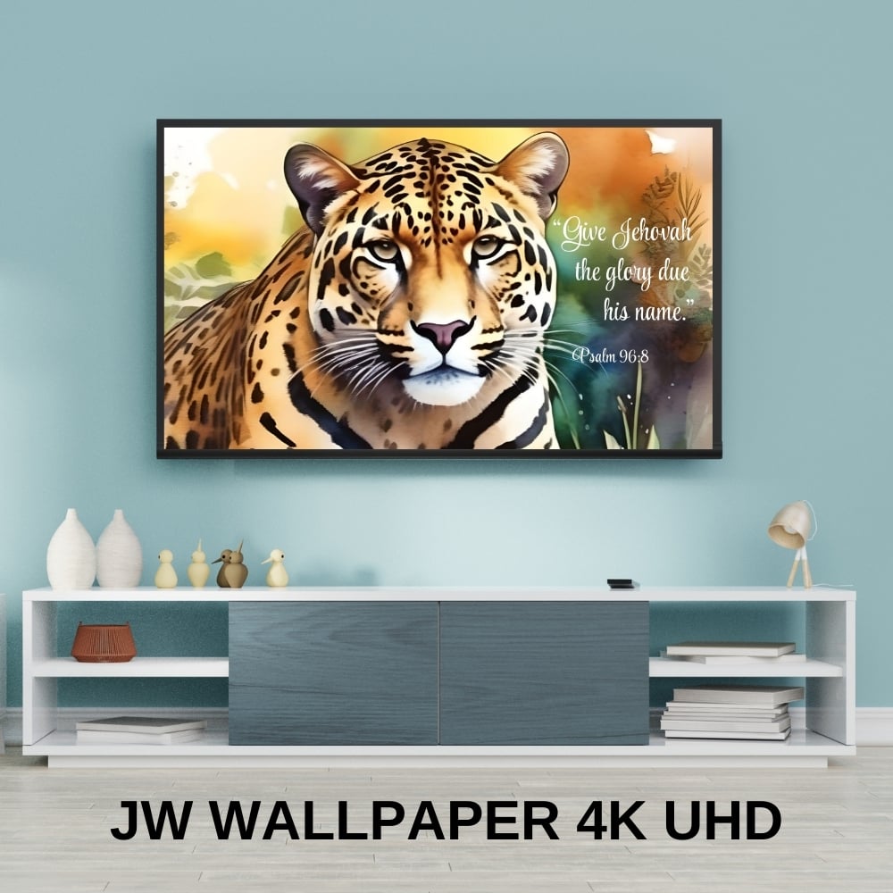 JW wallpapers with Yeartext 2025 - Psalm 96:8 Wild animals in watercolor - 4K images