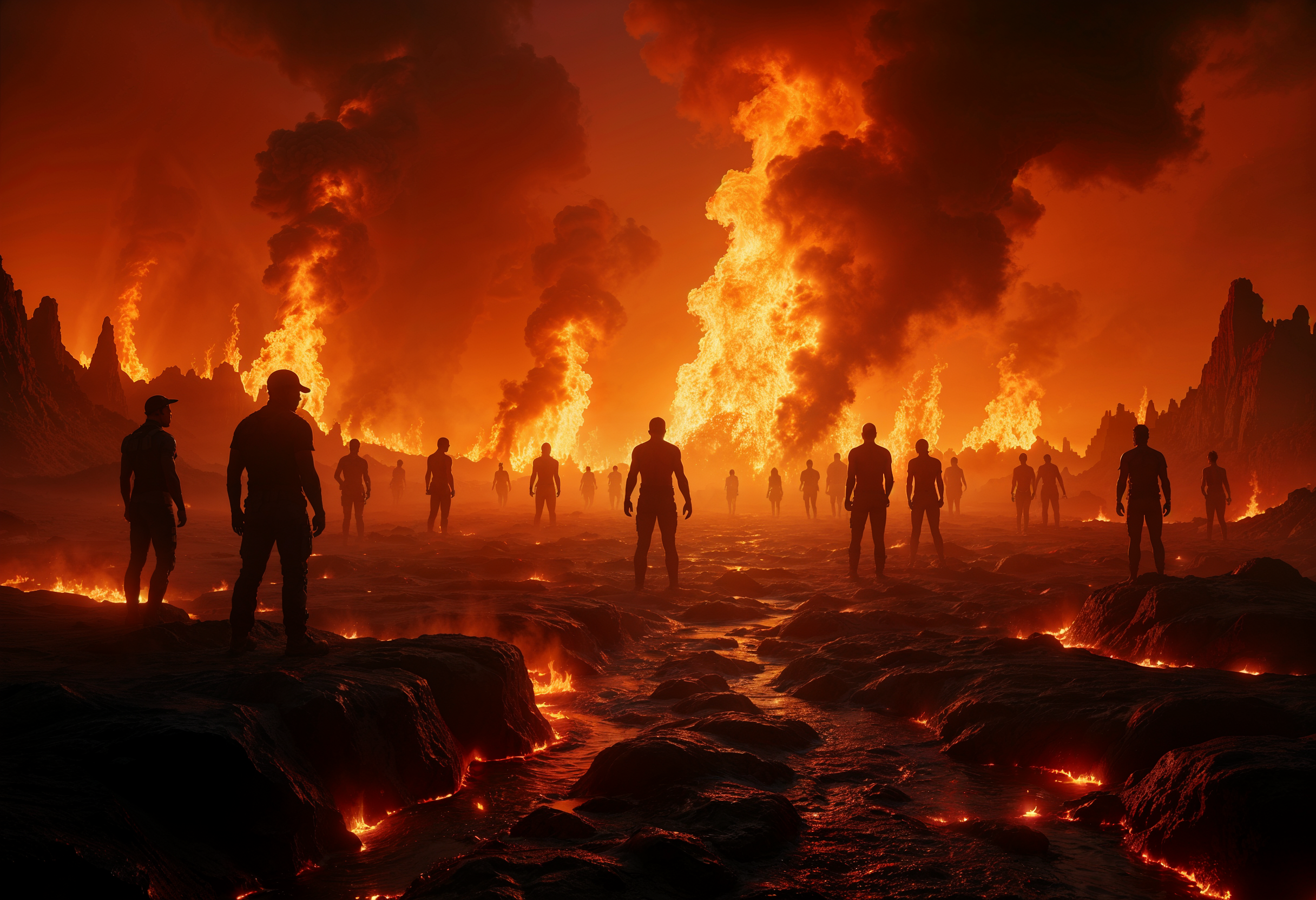 Intergalactic soldiers standing in the mist of hell