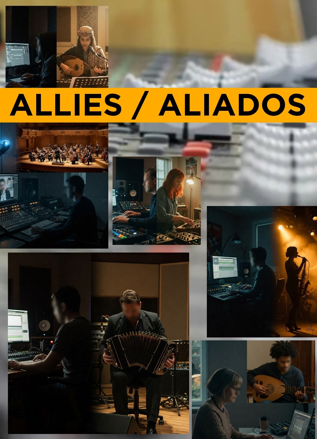 Collage de 7 imágenes que muestra a diferentes productores musicales e ingenieros de audio, trabajando a distancia con distintos músicos ejecutando y grabando instrumentos raros, autóctonos de distintas regiones del mundo.