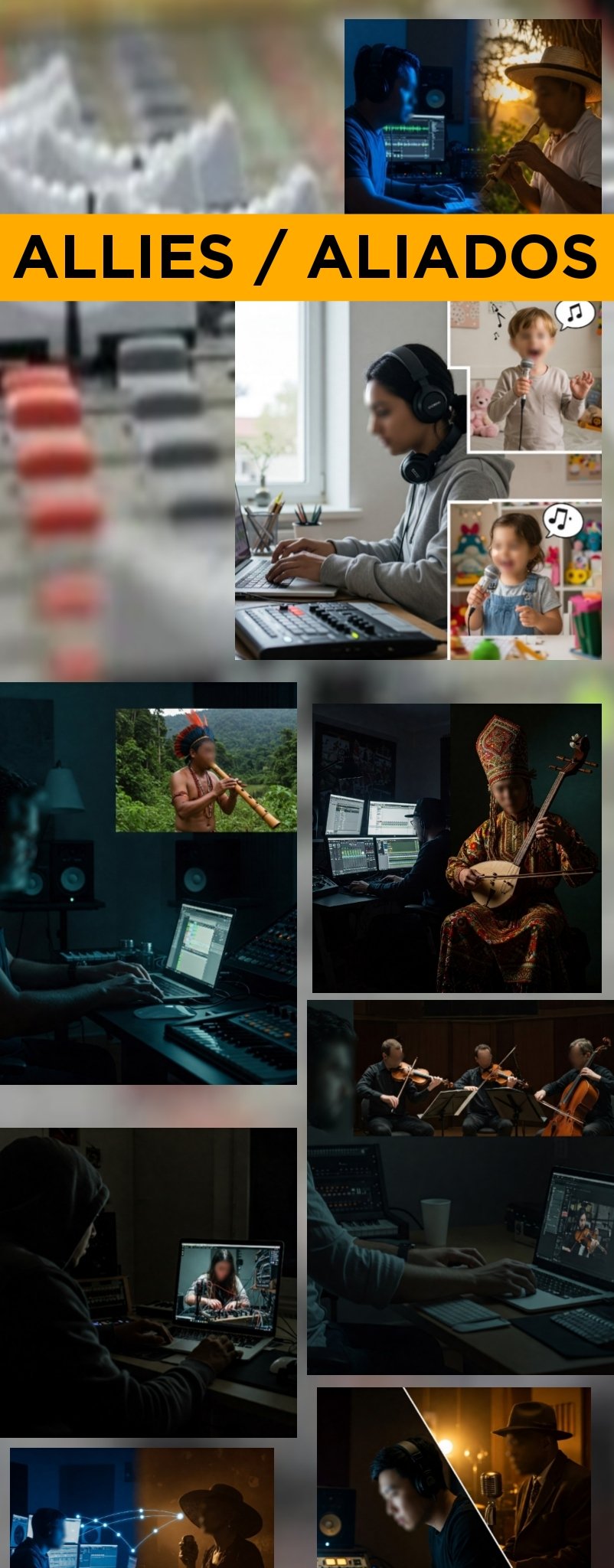 Collage de 7 imágenes que muestra a diferentes productores musicales e ingenieros de audio, trabajando a distancia con distintos músicos ejecutando y grabando instrumentos raros, autóctonos de distintas regiones del mundo.