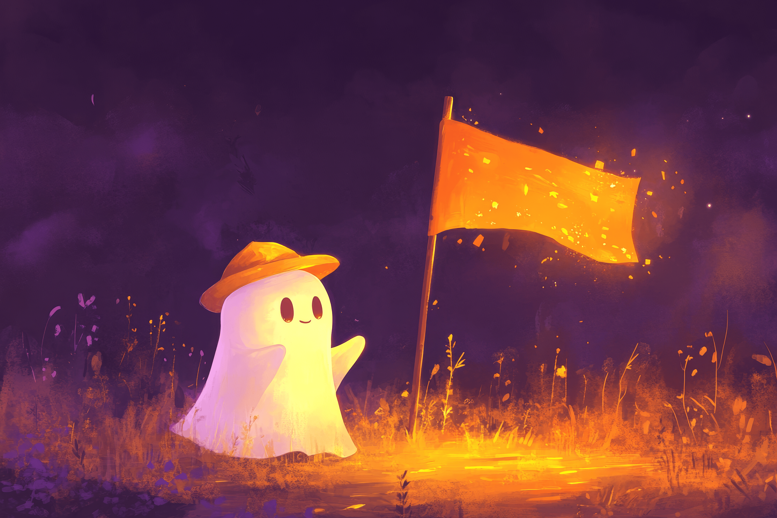 Cute Ghost Explorer with Glowing Flag