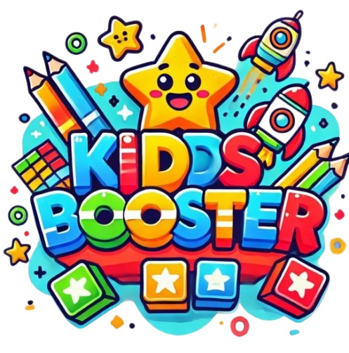 Fun and vibrant Kids Booster logo featuring cheerful icons like a smiling star, rockets, pencils, and blocks—ideal for Kids' Learning and Activity resources and Worksheets.