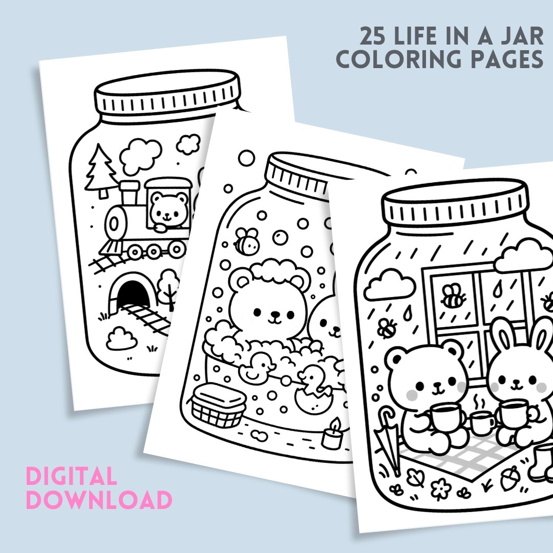 Bold and Easy Coloring Book, Life in a Jar Coloring Pages, Cute Kawaii Jars Coloring, Relaxing Activity for Adults and Kids, Stress Relief