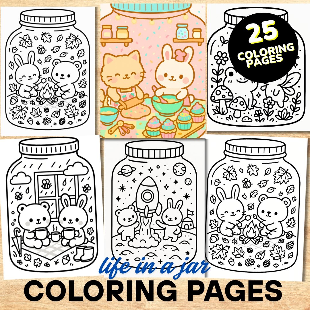 Bold and Easy Coloring Book, Life in a Jar Coloring Pages, Cute Kawaii Jars Coloring, Relaxing Activity for Adults and Kids, Stress Relief