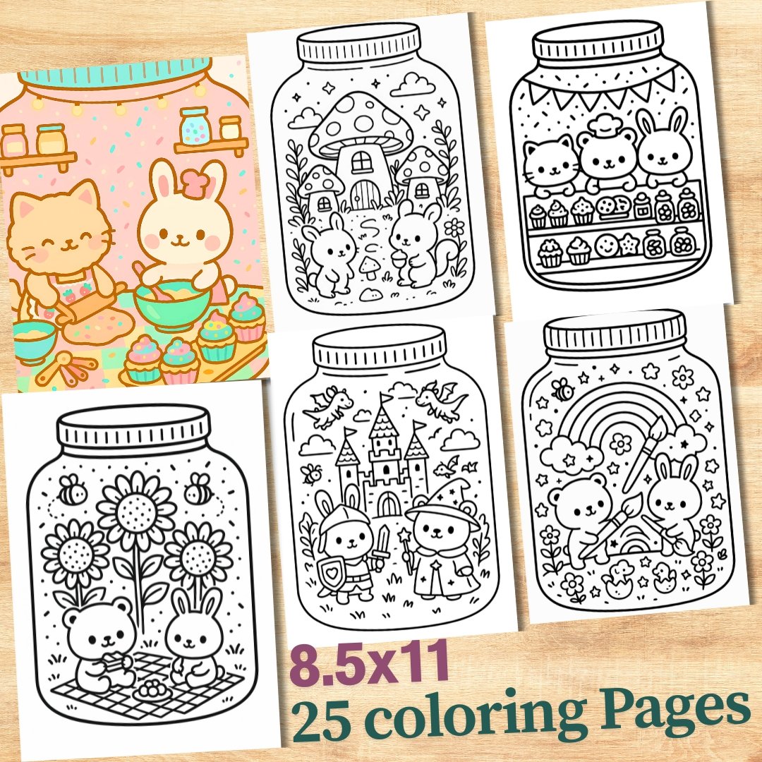 Bold and Easy Coloring Book, Life in a Jar Coloring Pages, Cute Kawaii Jars Coloring, Relaxing Activity for Adults and Kids, Stress Relief