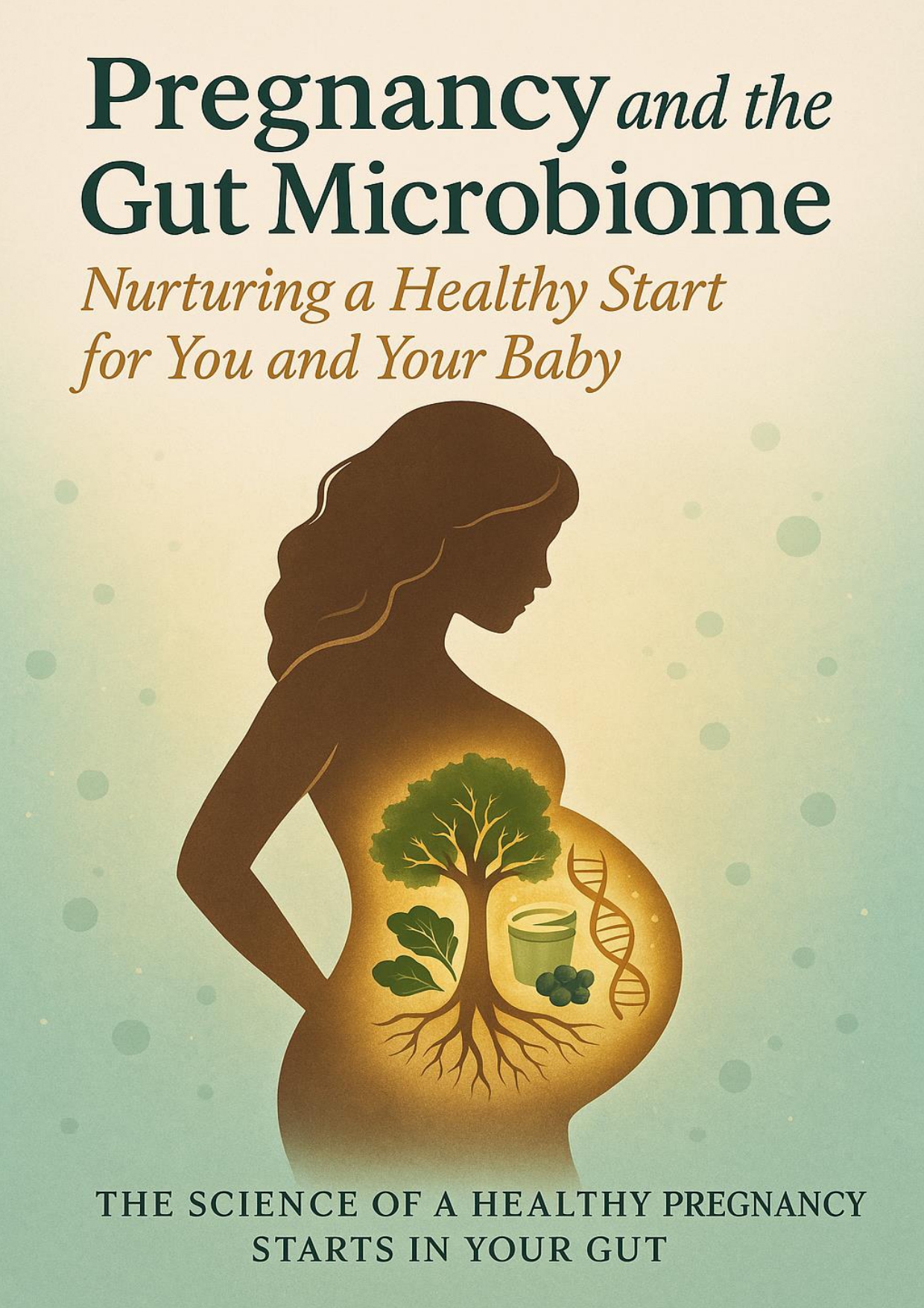 Pregnancy and the Gut Microbiome book cover featuring a modern design with a mothers silhouette and microbiome bacteria illustration, emphasizing the connection between gut health and pregnancy wellness.