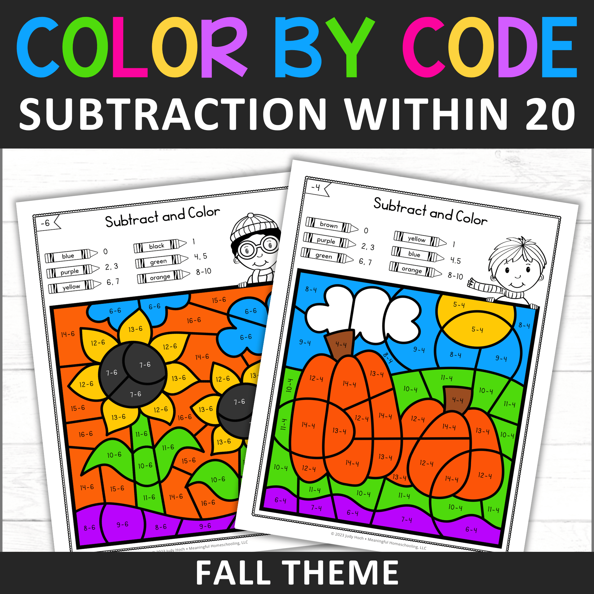 Fall Color by Code Subtraction Worksheets