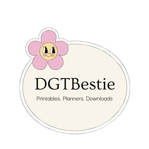 DGTBestie logo featuring a playful purple flower icon above the brand name in a clean font. Below the name, the tagline reads 'Printables, Planners, Downloads' in a minimalist style. This logo represents a digital product store offering aesthetic, downloadable stationery. productivity tools, and printable planners for personal and business use.