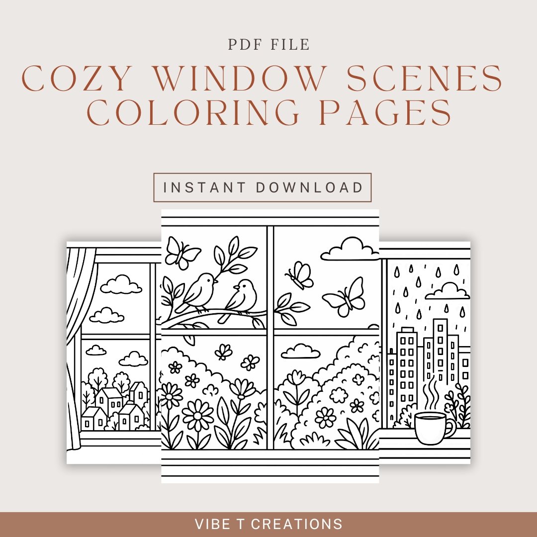 Bold and Easy Coloring Book, Cozy Window Scenes Coloring Pages, Cute Kawaii Window Landscape Coloring, Relaxing Activity for Adults and Kids