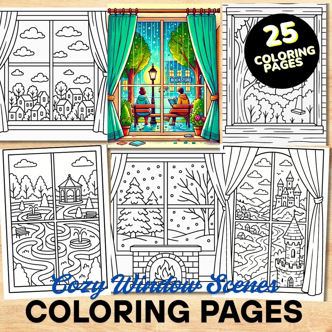 Bold and Easy Coloring Book, Cozy Window Scenes Coloring Pages, Cute Kawaii Window Landscape Coloring, Relaxing Activity for Adults and Kids