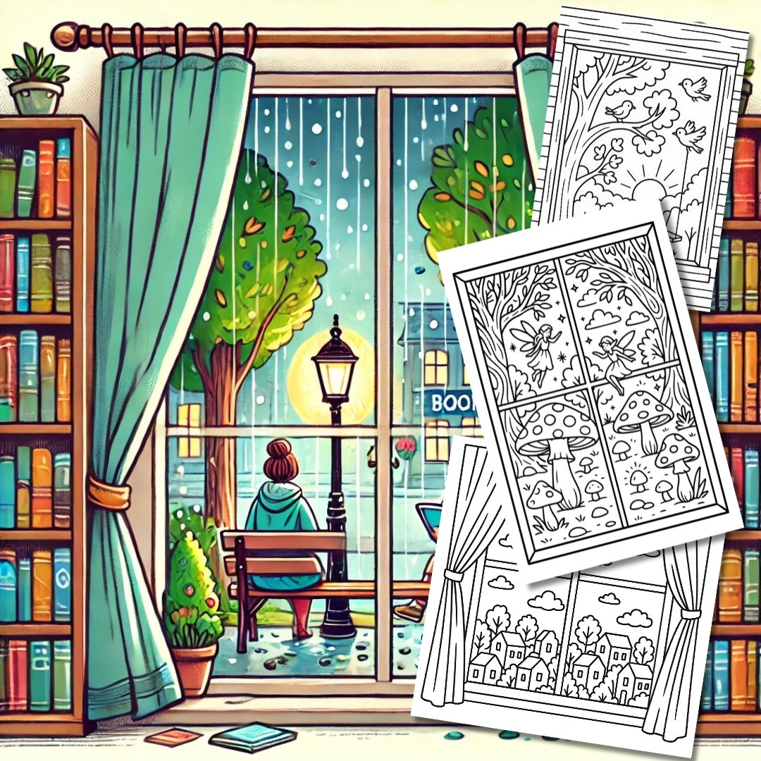 Bold and Easy Coloring Book, Cozy Window Scenes Coloring Pages, Cute Kawaii Window Landscape Coloring, Relaxing Activity for Adults and Kids