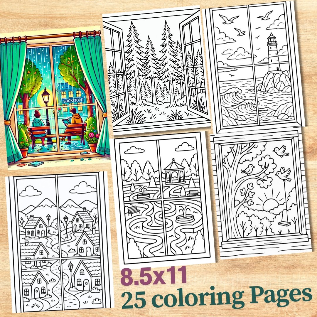 Bold and Easy Coloring Book, Cozy Window Scenes Coloring Pages, Cute Kawaii Window Landscape Coloring, Relaxing Activity for Adults and Kids