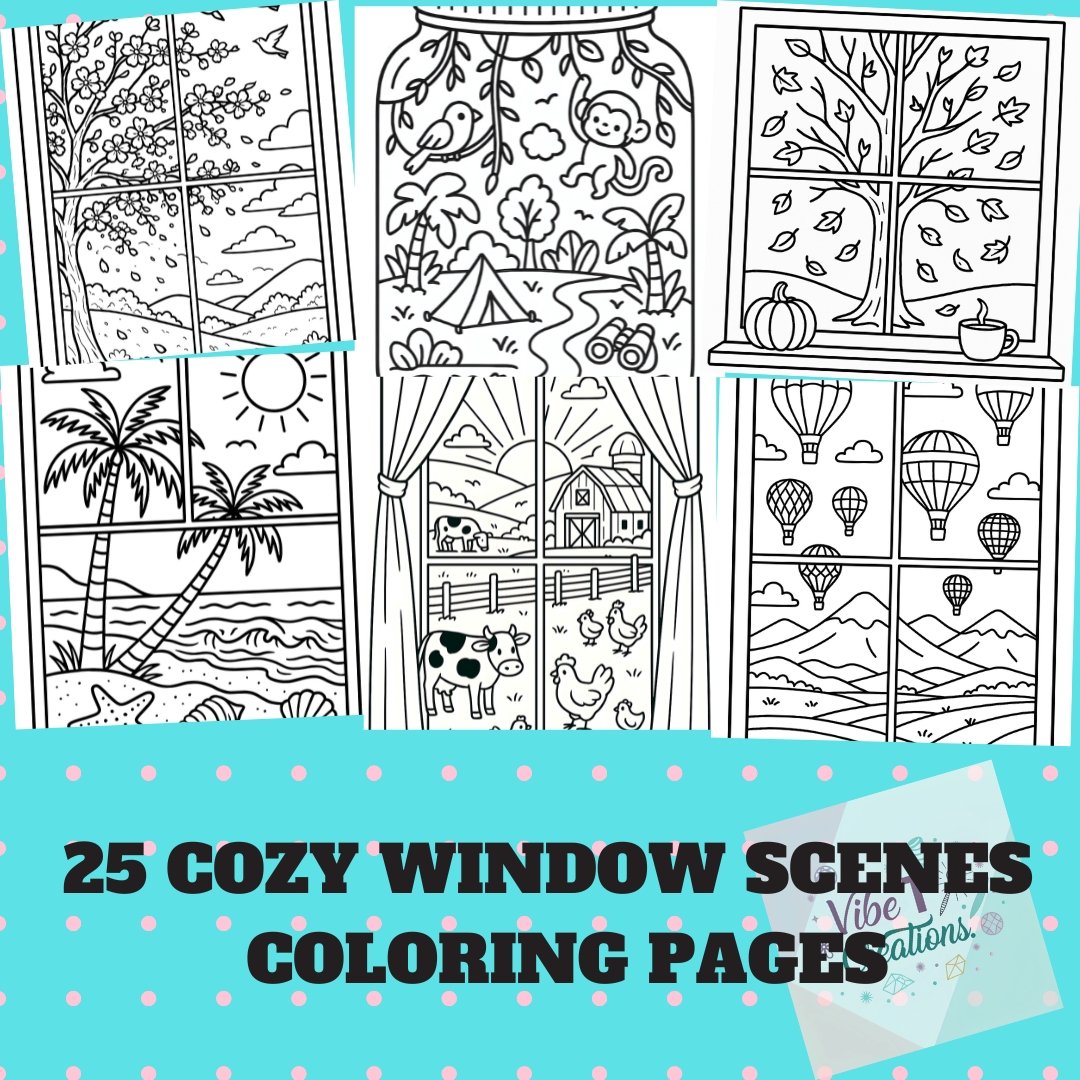 Bold and Easy Coloring Book, Cozy Window Scenes Coloring Pages, Cute Kawaii Window Landscape Coloring, Relaxing Activity for Adults and Kids