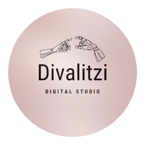 Logo of Divalitzi Digital Studio, featuring a minimalist, circular design with a soft rose-gold gradient background. At the center, two stylized robotic and human hands—reminiscent of Michelangelo’s “Creation of Adam”—are reaching toward each other, symbolizing the blend of creativity and technology. Below the illustration, the brand name Divalitzi is written in bold, modern typography, with Digital Studio in smaller uppercase letters beneath. This logo represents a digital shop focused on eBooks, digital art (some from real paintings), and creative tools.