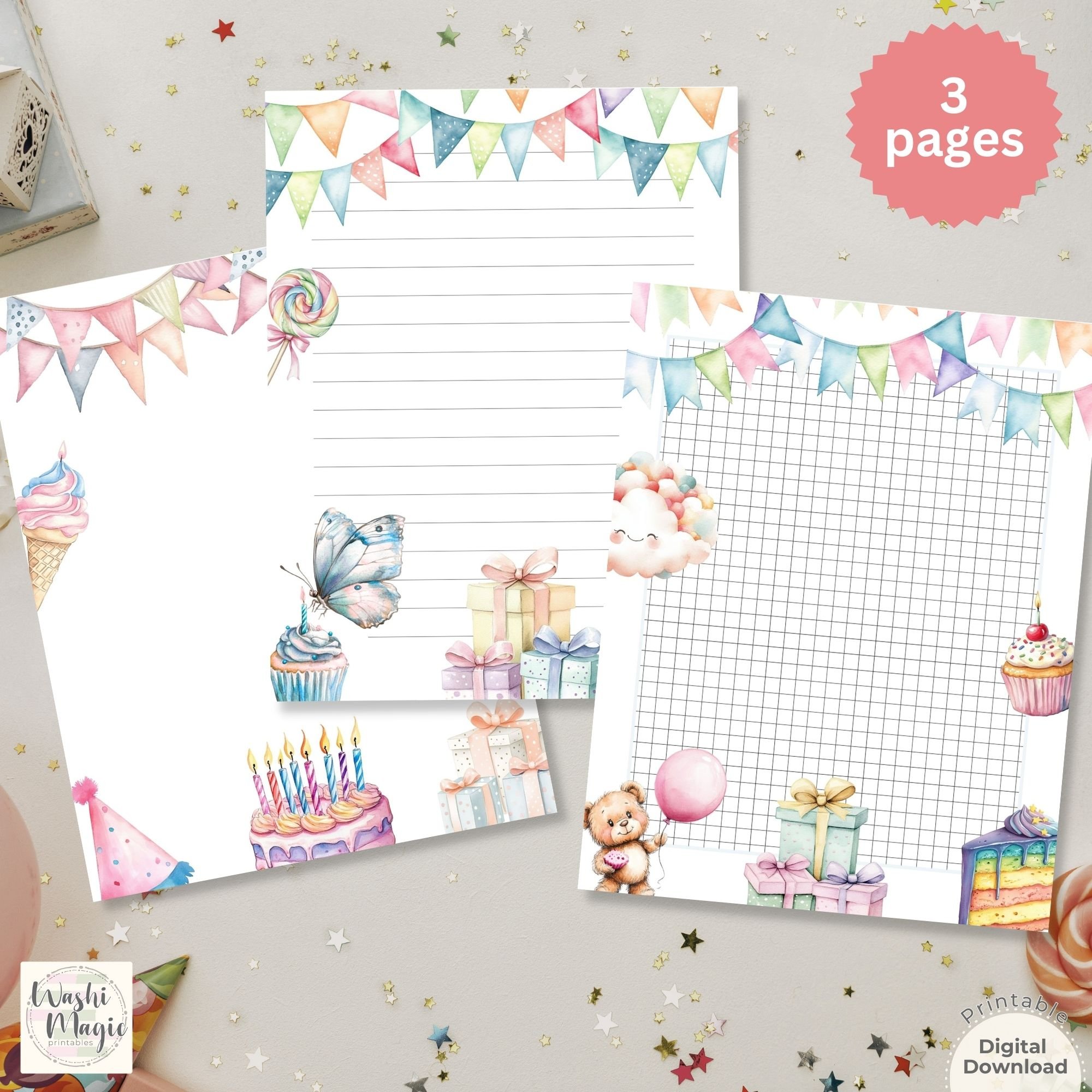 Butterfly Themed Birthday Stationery Set Printable Lined, Blank, Grid ...