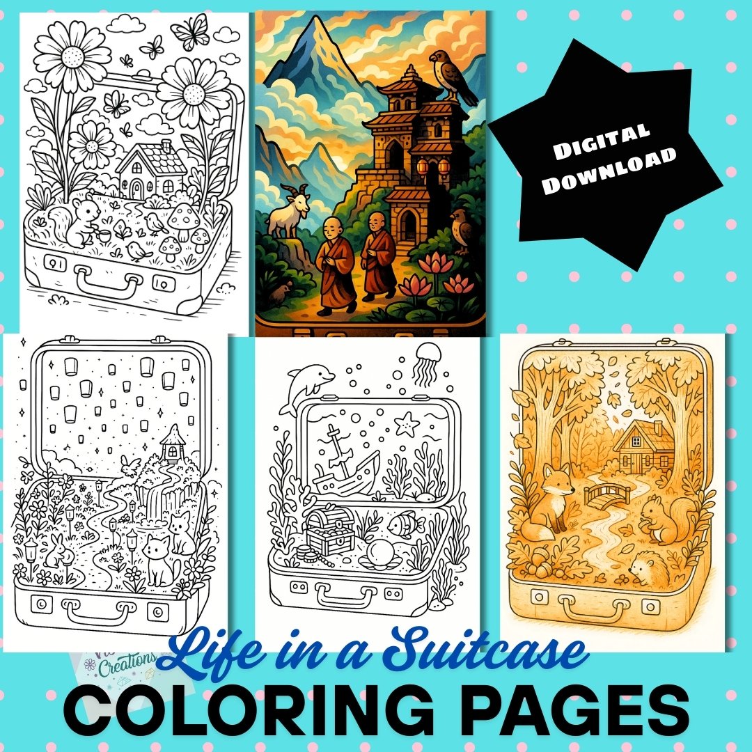 Bold and Easy Coloring Book, Life in a Suitcase Coloring Pages, Cute Kawaii Magical Coloring, Relaxing Activity for Adults, Stress Relief