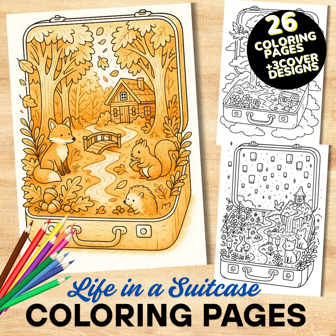 Bold and Easy Coloring Book, Life in a Suitcase Coloring Pages, Cute Kawaii Magical Coloring, Relaxing Activity for Adults, Stress Relief