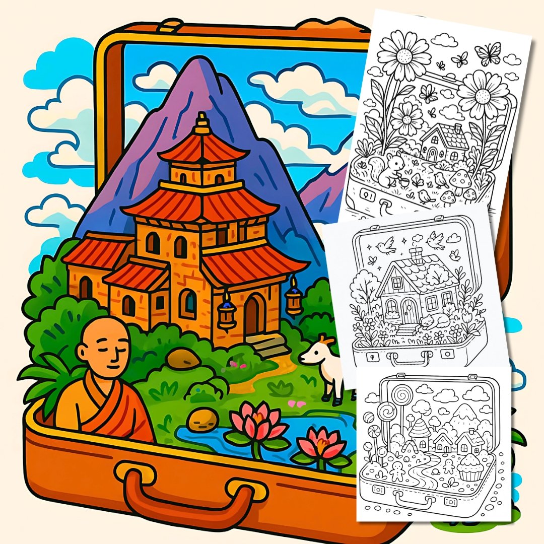Bold and Easy Coloring Book, Life in a Suitcase Coloring Pages, Cute Kawaii Magical Coloring, Relaxing Activity for Adults, Stress Relief
