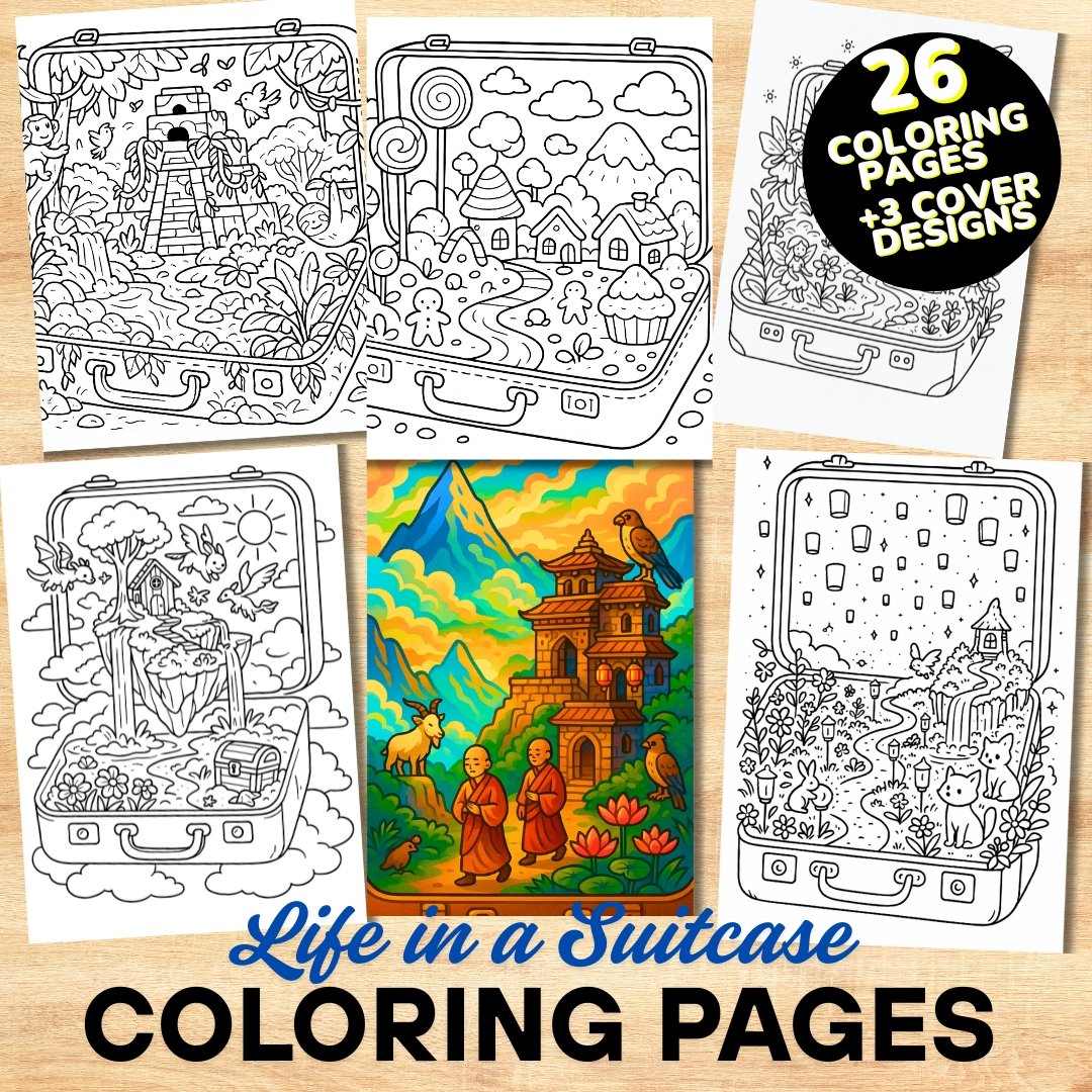 Bold and Easy Coloring Book, Life in a Suitcase Coloring Pages, Cute Kawaii Magical Coloring, Relaxing Activity for Adults, Stress Relief