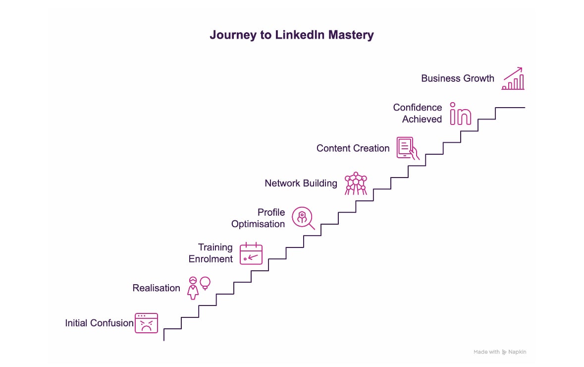 A step-by-step staircase diagram titled "Journey to LinkedIn Mastery," illustrating the stages of mastering LinkedIn for business owners. The steps, from bottom to top, are: Initial Confusion, Realisation, Training Enrolment, Profile Optimisation, Network Building, Content Creation, Confidence Achieved, and Business Growth. Each step includes a simple icon representing the stage, visually showing the progression from feeling confused to achieving business growth and confidence on LinkedIn.