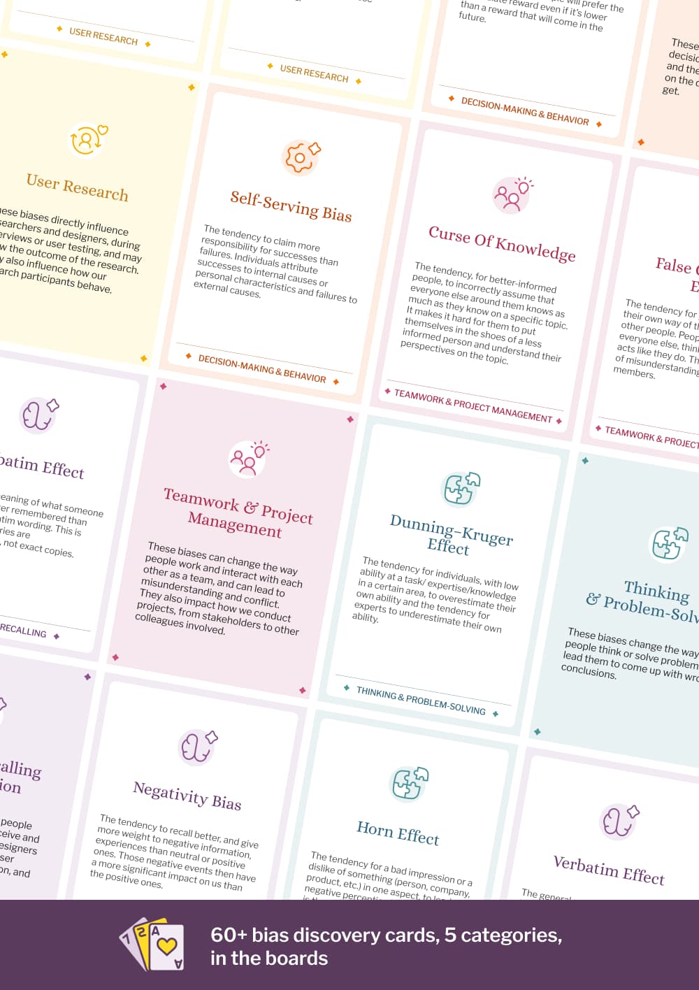 60+ bias discovery cards, 5 categories, in the boards