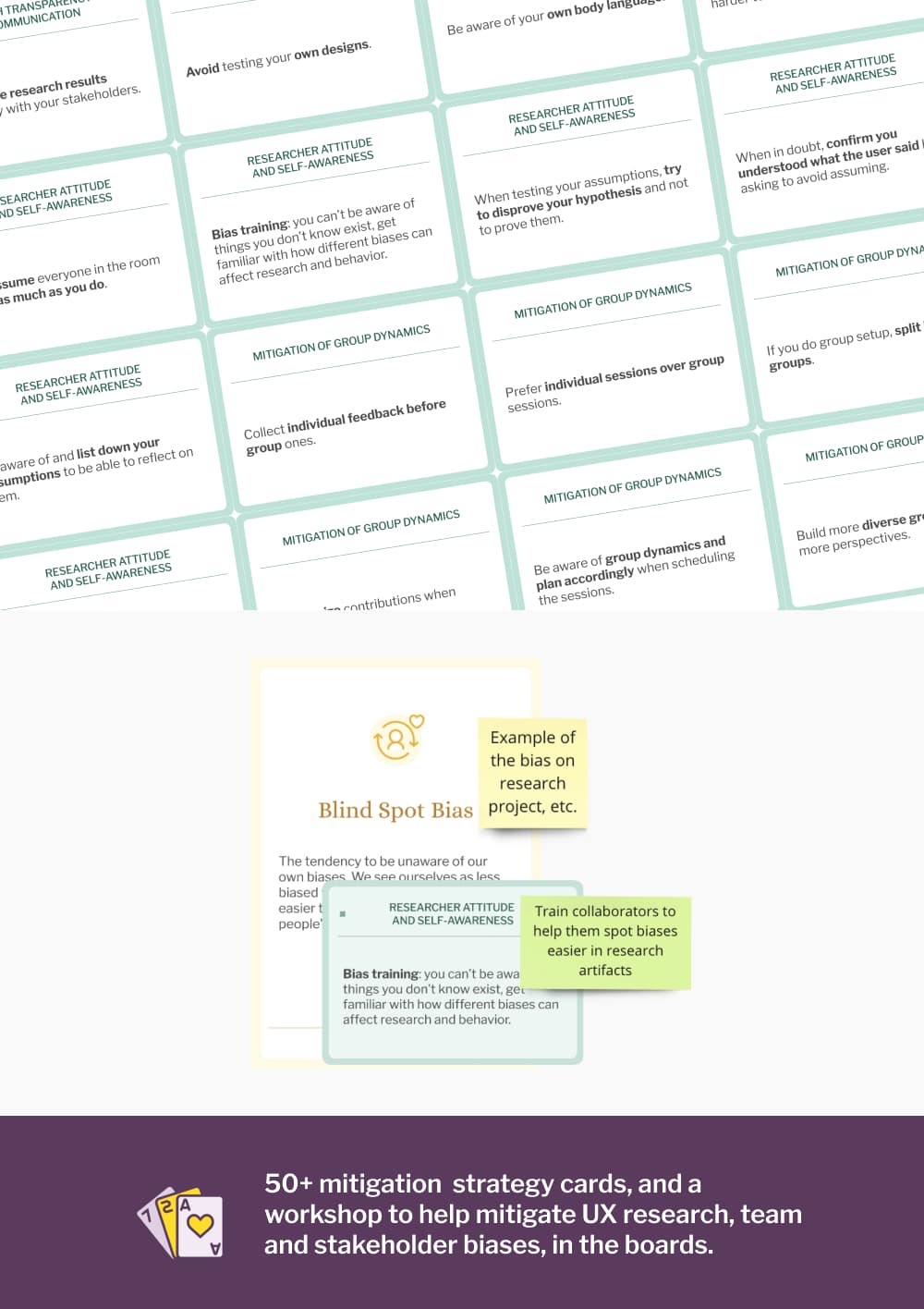 50+ mitigation  strategy cards, and a workshop to help mitigate UX research, team and stakeholder biases, in the boards.