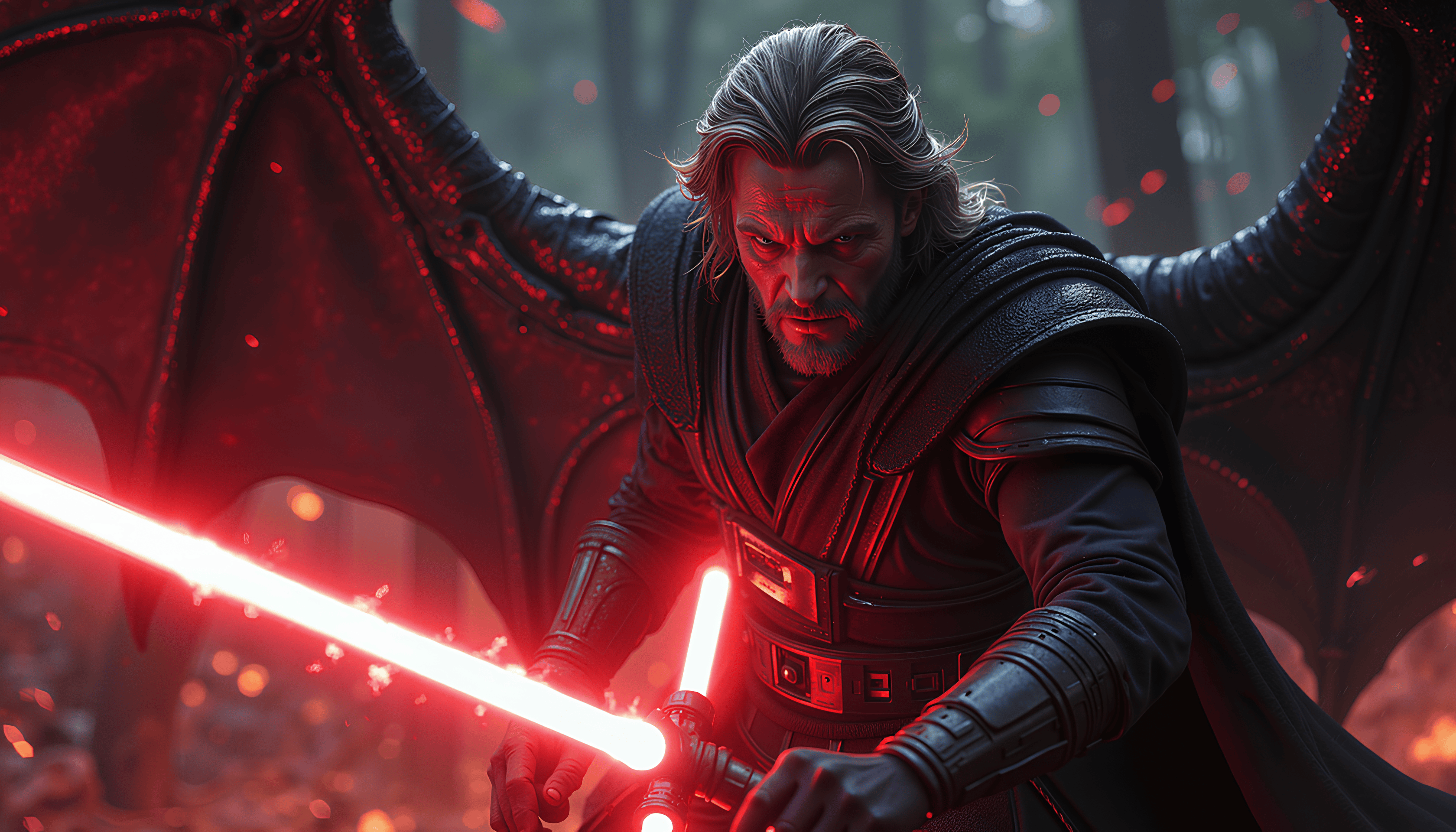 Jedi master using the dark side of the force to become partly a hell demon to fight against the forces of hell