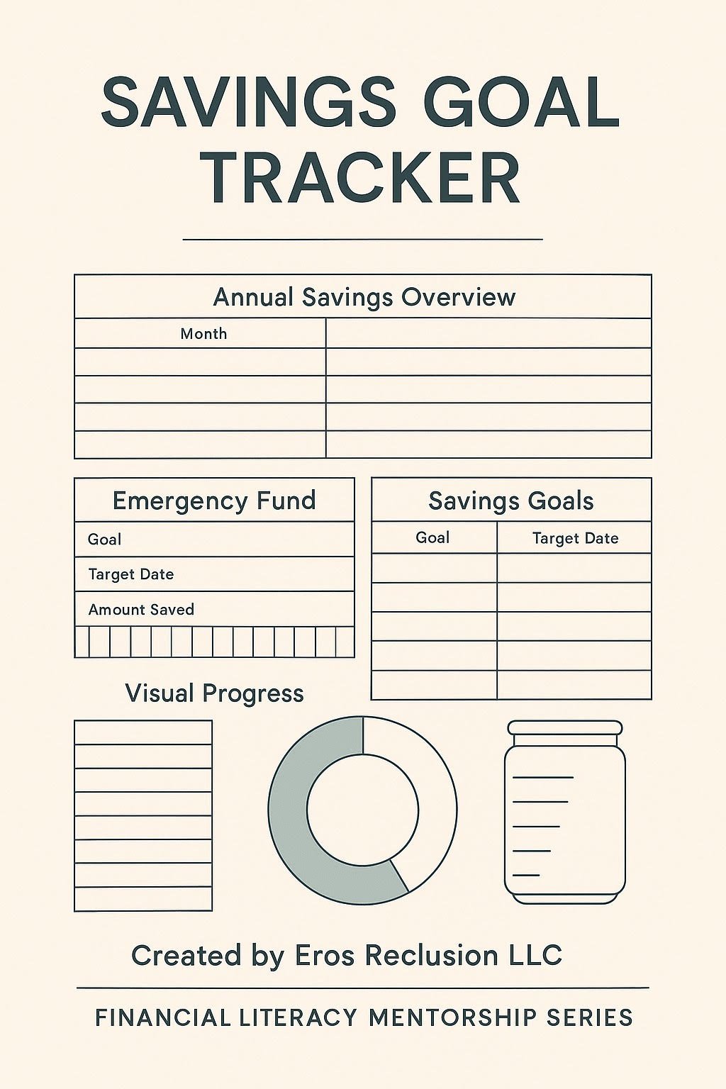 Savings goal tracker template to set financial targets, track deposits, and visually monitor progress toward personal savings goals.